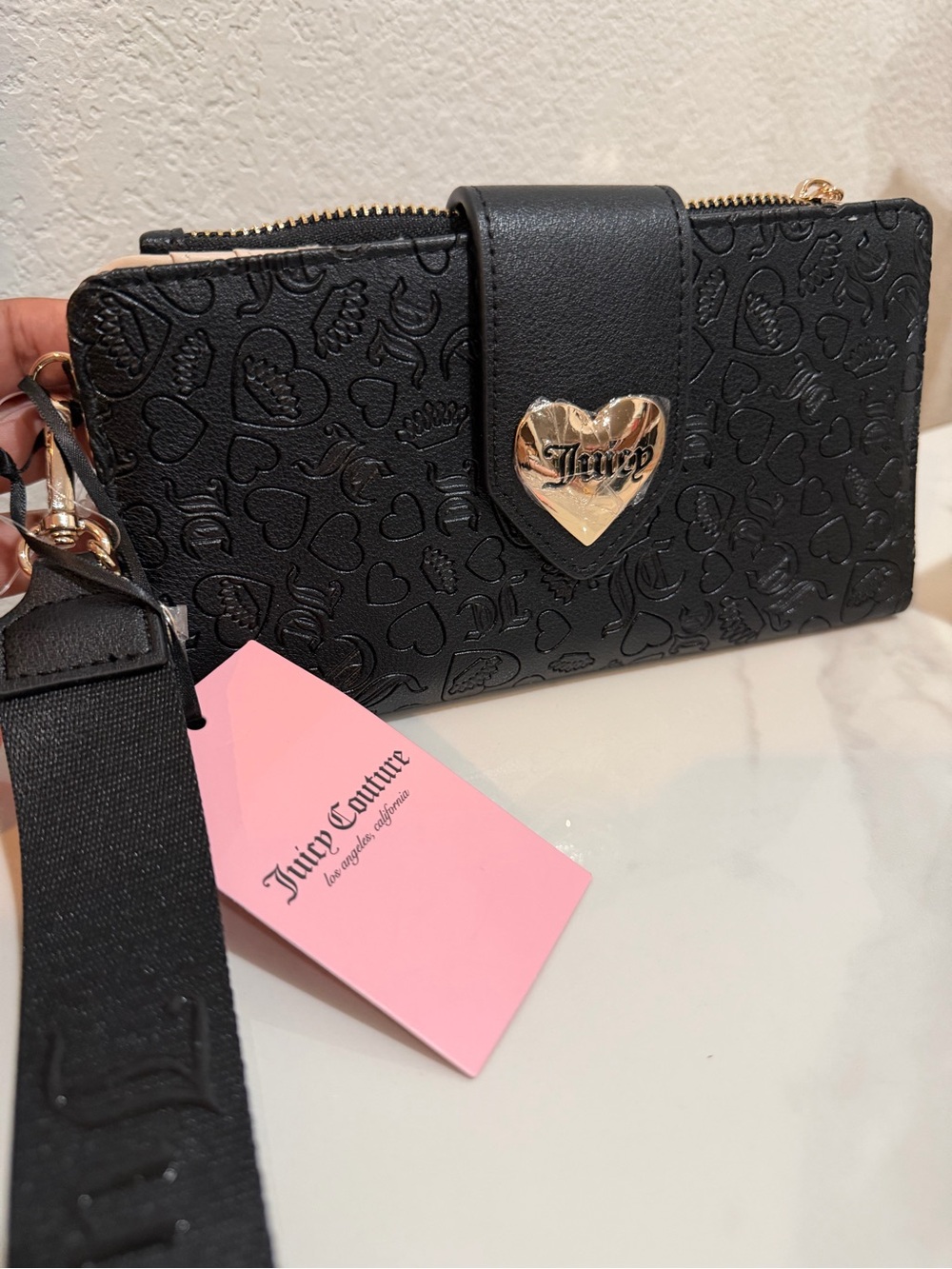 Juicy Couture Black Heart-Embossed Wristlet with Gold Heart Accent NWT